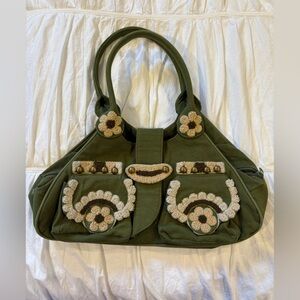 Green Canvas Floral Crochet Appliqué Tote Bag | Cottagecore Boho Shoulder Bag